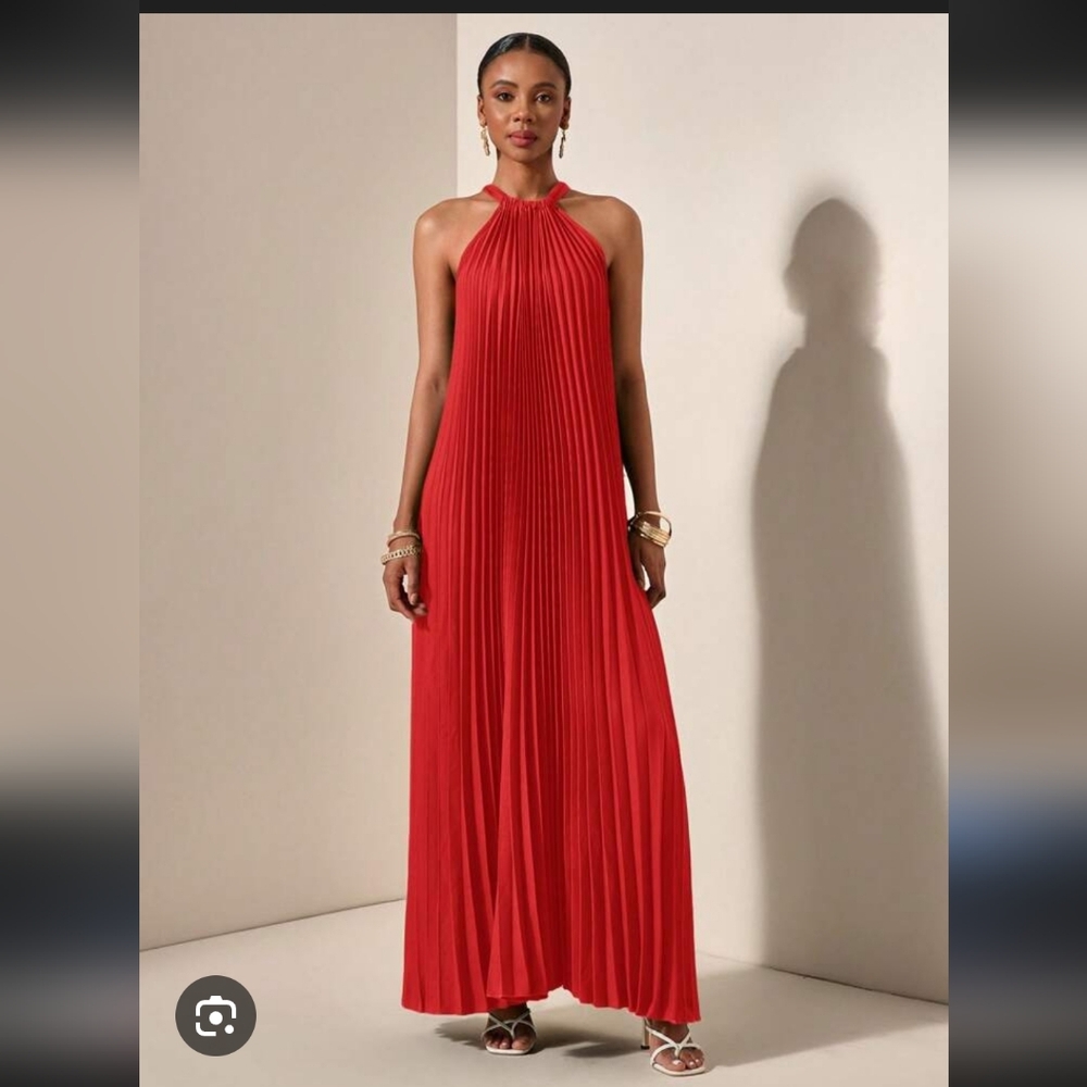 Pleated Halter Maxi Dress in Vibrant Red - Picture 1 of 6